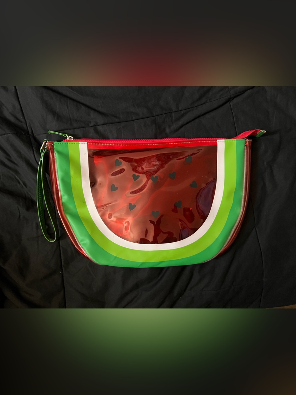 Clear Red Cosmetic Pouch with Green Stripe Accent- Watermelon